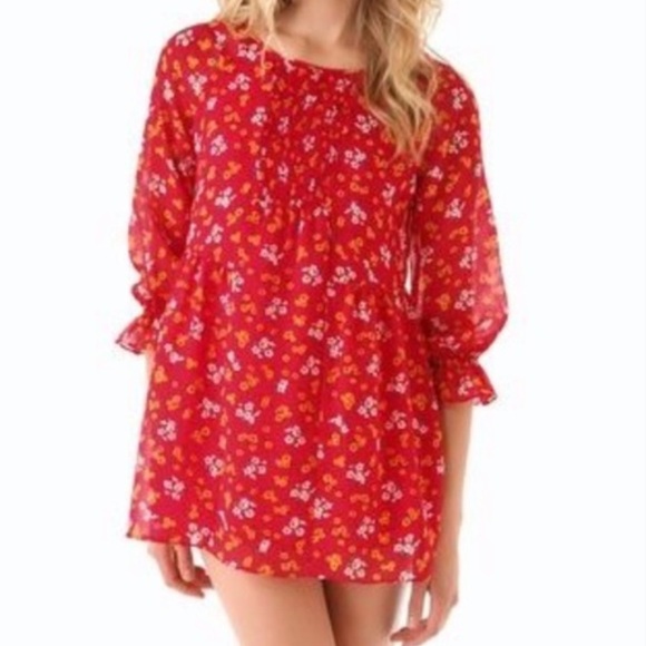 Free People Red Floral Smocked Puff Sleeve Mini Babydoll Chiffon Dress - Picture 4 of 4